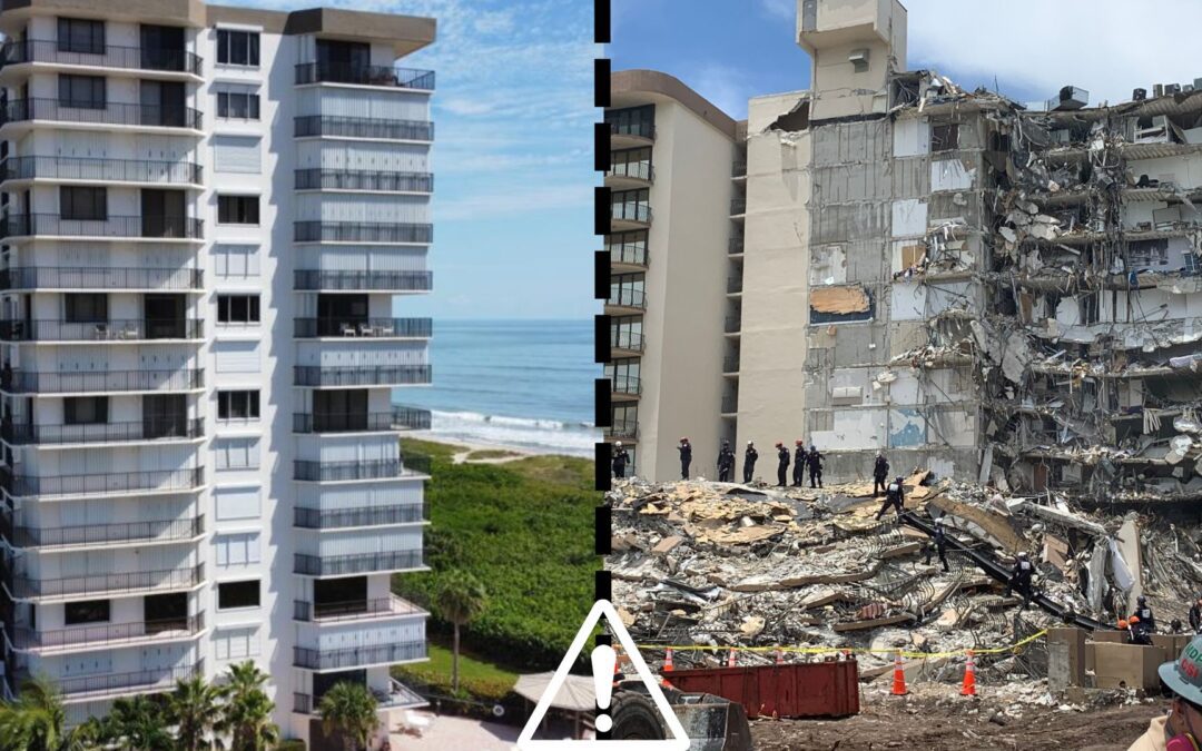 Before and after view of a partially collapsed building adjacent to a beach.