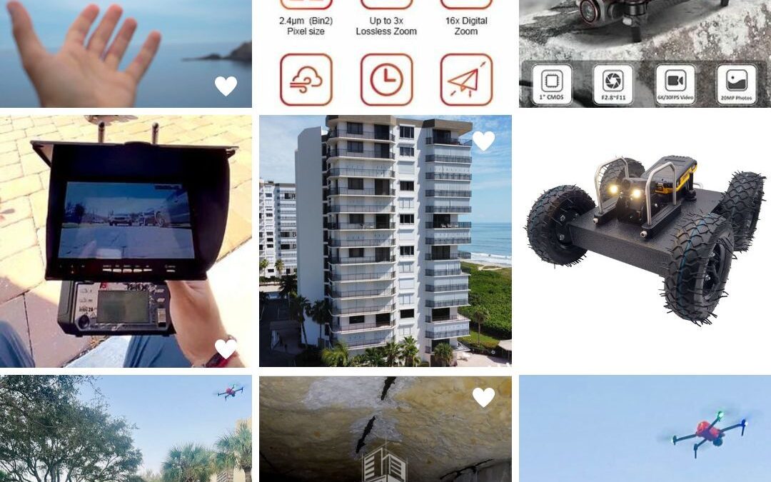 Collage of drone technology images including drones flying, specs, a controller, and robotics.